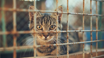 Cat peers through the metal bars of cage, symbolizing the plight of animals in shelters awaiting adoption, highlighting the need for charity support and the compassionate work of volunteers.
