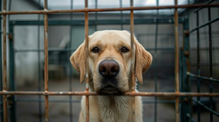 Dog peers through the metal bars of cage, symbolizing the plight of animals in shelters awaiting adoption, highlighting the need for charity support and the compassionate work of volunteers.