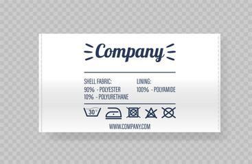 Realistic 3d Vector Clothing Label Featuring Company Logo And Care Instructions. Highlights Fabric Composition