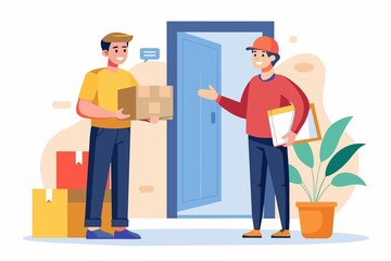 Courier gives box to customer.delivery services. Flat vector illustration.