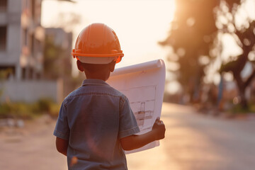 Back view of black boy in hardhat holding blueprint pretending to be an engineer during construction site. Building concepts, development, construction and architecture
