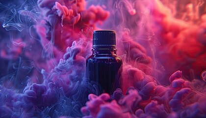 A bottle of perfume surrounded by colorful smoke - obrazy, fototapety, plakaty