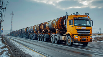 A long truck with large wheels and an industrial yellow cabin is carrying gigantic steel pipes on its back, driving along the road. Generative AI.