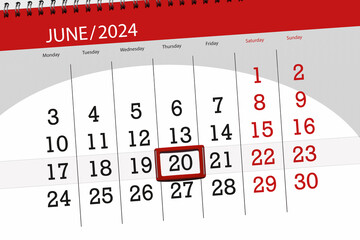 Calendar 2024, deadline, day, month, page, organizer, date, June, thursday, number 20