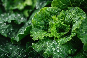 Close up of green cabbage leaves with water drops