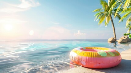 Summer beach scene background with holographic Inflatable ring Pool Float,Summer tropical beach...