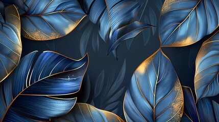 Abstract luxury art background with exotic tropical leaves in blue and gold in line style 