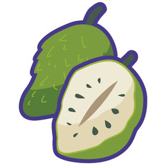Soursop or graviola vector illustration, durian benggala or guyabano fruit, buah sirsak or prickly custard apple clip art, durian belanda or sirsat flat icon, durian eropa or durian makkah