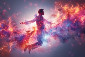 Man engulfed in vibrant cosmic energy