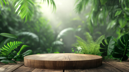 Empty rustic wooden table with tree background and nature Tropical green leaves flowers background To display and present products