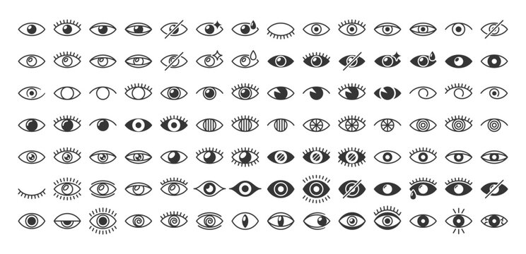 Big Set of Eye Icons Features A Range Of Styles From Minimalist To Intricate, Suitable For Various Design Projects