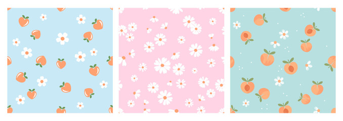 Seamless pattern of peach fruit with green leaves and cute flower on blue and green backgrounds. Seamless pattern with daisy flower on pink background vector.