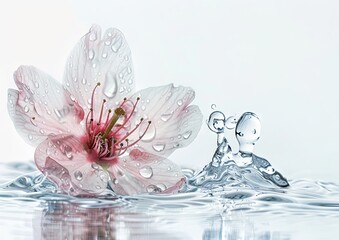A pink flower is floating in water with drops.