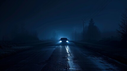 A car driving down a dark road at night.