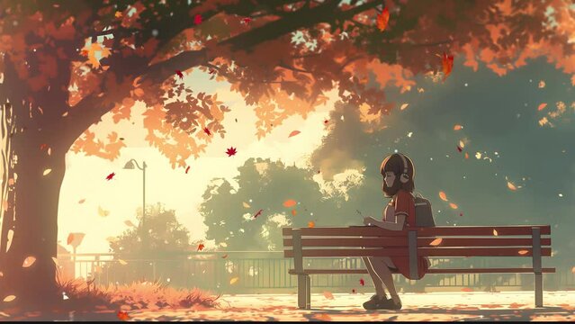 Lofi video | girl sitting on a bench in the park, leaves falling from the tree, in the style of anime | 4K High-Quality Loop Animation Video For LoFi Music.