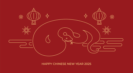 Chinese zodiac snake with lanterns line art greeting card. Happy chinese new year of the snake 2025 line drawing.