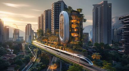 Naklejka premium Apartment in a bustling cityscape, lush green landscape, with high-speed futuristic train in the midst of the busy city passing by the apartment. Generative AI.