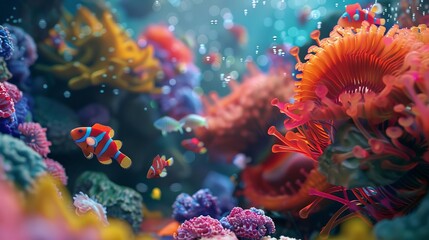 A beautiful and vibrant coral reef with a variety of fish swimming around. The water is crystal clear.