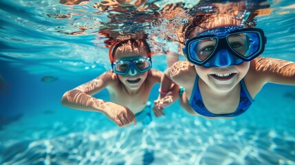 Naklejka premium A wide-angle underwater photograph captures the joy of two children swimming and exploring in a large pool. Equipped with masks 