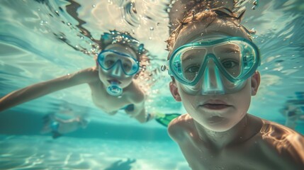 Naklejka premium A wide-angle underwater photograph captures the joy of two children swimming and exploring in a large pool. Equipped with masks 