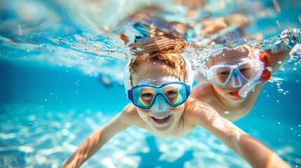 Naklejka premium A wide-angle underwater photograph captures the joy of two children swimming and exploring in a large pool. Equipped with masks 