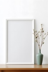 Ceramic vase with dry grass and vertical picture frame border on white minimal wall and wooden table. Mock up template product placement concept
