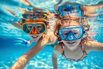 Naklejka premium A wide-angle underwater photograph captures the joy of two children swimming and exploring in a large pool. Equipped with masks 
