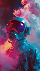 A lone astronaut stands on a distant planet, surrounded by a swirling nebula