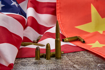 Ammunition rounds placed on the flag of the United States and China