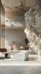Obraz premium Interior of a modern cave-like home with stone walls and a large rock formation in the center. The space is furnished with minimalist furniture and decorated with a few plants.