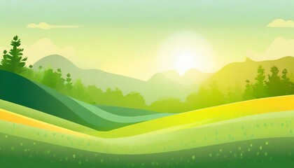 Obraz premium 真夏、草の香り、心地よい暑さ、森林をシンプルなグラデーションで表現する generated by AI