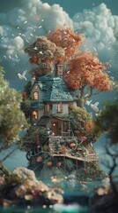 A beautiful digital painting of a whimsical treehouse in the clouds