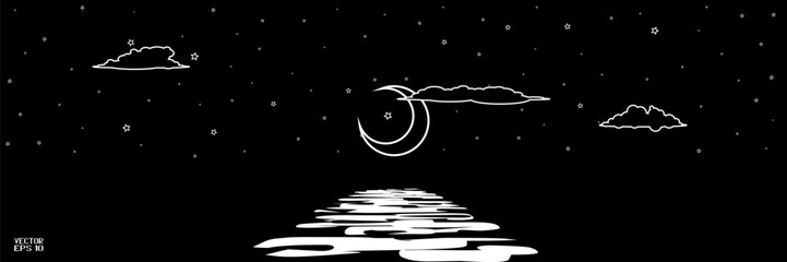 Night Seascape in Perspective. Black and White Clouds and Moon Isolated on Starry Night Background. Futuristic Glowing Banner of Illuminated Waves. Vector. 3D Illustration