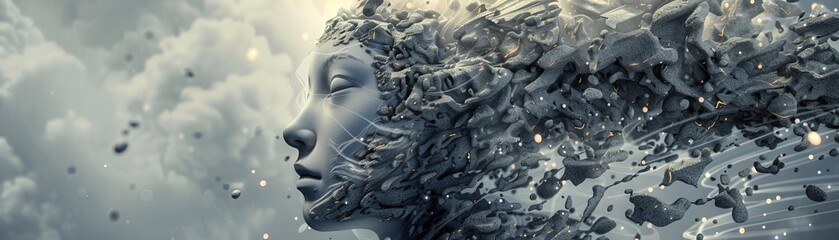 A beautiful woman's face is made of stone. The wind blows her hair, which is made of small rocks. The sky is cloudy.