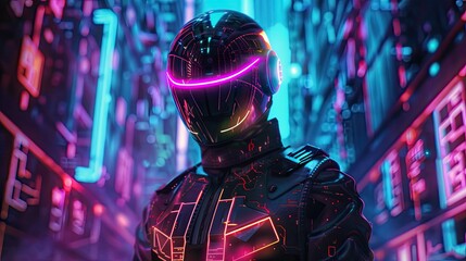 Obraz premium A futuristic warrior with a glowing neon visor stands against a cyberpunk cityscape background.