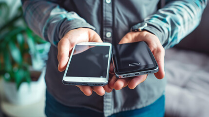 man holding two mobile phone with touchscreens, person hold 2 smartphones, choosing and decision concept