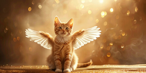 Cat with wings like an angel, deceased cat, golden particles, background for mourning card