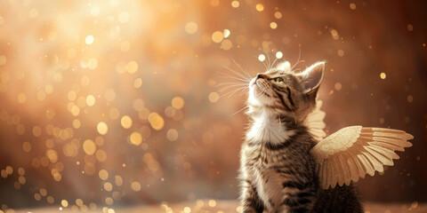 Cat with wings like an angel looks at the sky, deceased cat, golden particles, background for mourning card