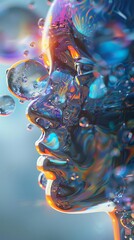 An iridescent, abstract portrait of a woman's face made of glass with bubbles floating around her.