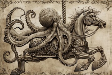 Octopus Merges with Carousel Horse in Vintage Style