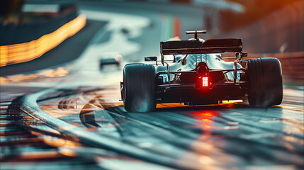 Obraz premium A race car speeding around a corner on a track, copy space. Generative AI.