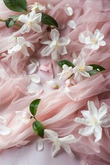 A pink cloth with white flowers on it.