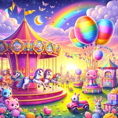 Obraz premium A bright and cheerful spring carnival with rides, games and cotton candy stands under a bright sky, with swings spinning and cartoon children playing and watching.