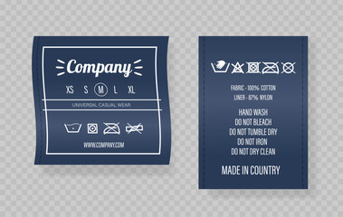 Care Labels Showing Company Logo, Size Guide From Xs To Xl, Fabric Composition, Detailed Care Icons, 3d Vector