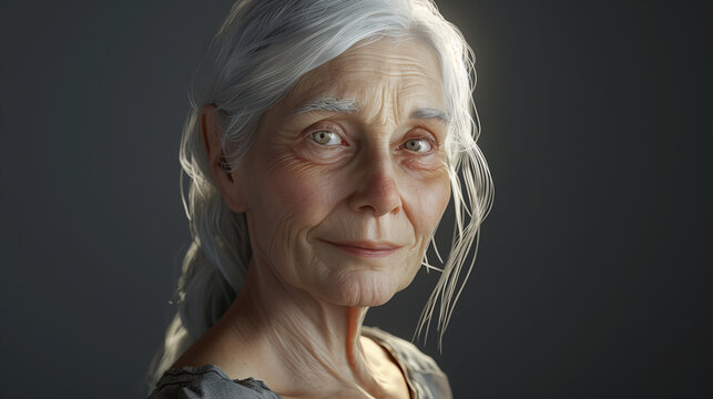 Closeup of an elderly woman with white hair, looking sideways at the camera in a half-length portrait with a gray background and soft lighting.