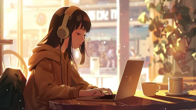LoFi video and Live Wallpaper | Lofi girl is sitting at a table with headphones on, working hard in front of her laptop | 4K Loop Animation