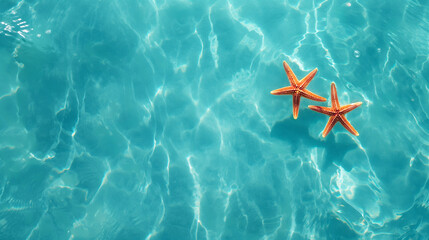 Abstract summer background, surface of blue water on the sea with two red starfish