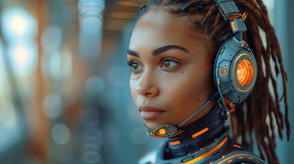 Obraz premium Portrait of a Young Black Woman Wearing a Futuristic Headset with Orange Lights. Generated by AI