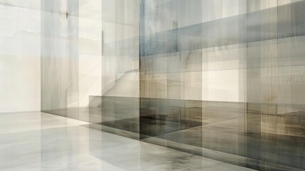 Abstract composition with transparent layers white curtain shiny floor & ethereal tones.