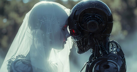 Futuristic Union: Wedding Between Woman in White and Cyborg in Black. Generated by AI